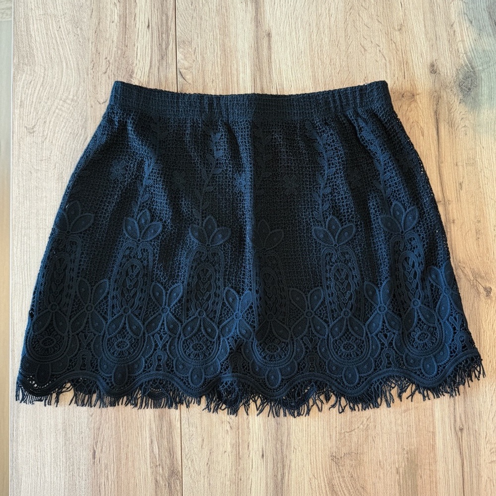 RAPSODIA Black Lace Mini Skirt with Scalloped Eyelash Fringe - Size M
